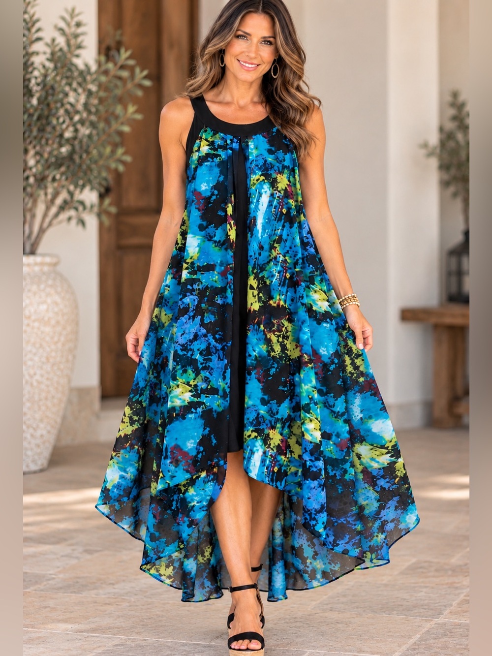S.L. Fashions XL Abstract Print High Low Chiffon Dress NWOT